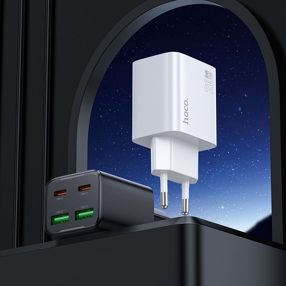 Phone charger Hoco 2 x USB C + 2 x USB A QC3.0 PD 3A 20W + cable USB C to Lightning N55 white