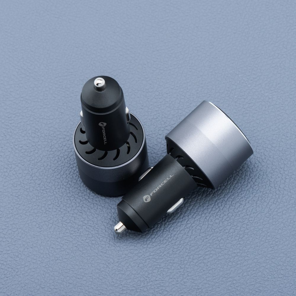 FORCELL F-ENERGY alumínium autós töltő, 2 x Type-C + USB-A, PD, QC 4.0, SFC 2.0, 3 A, 85 W, szürke