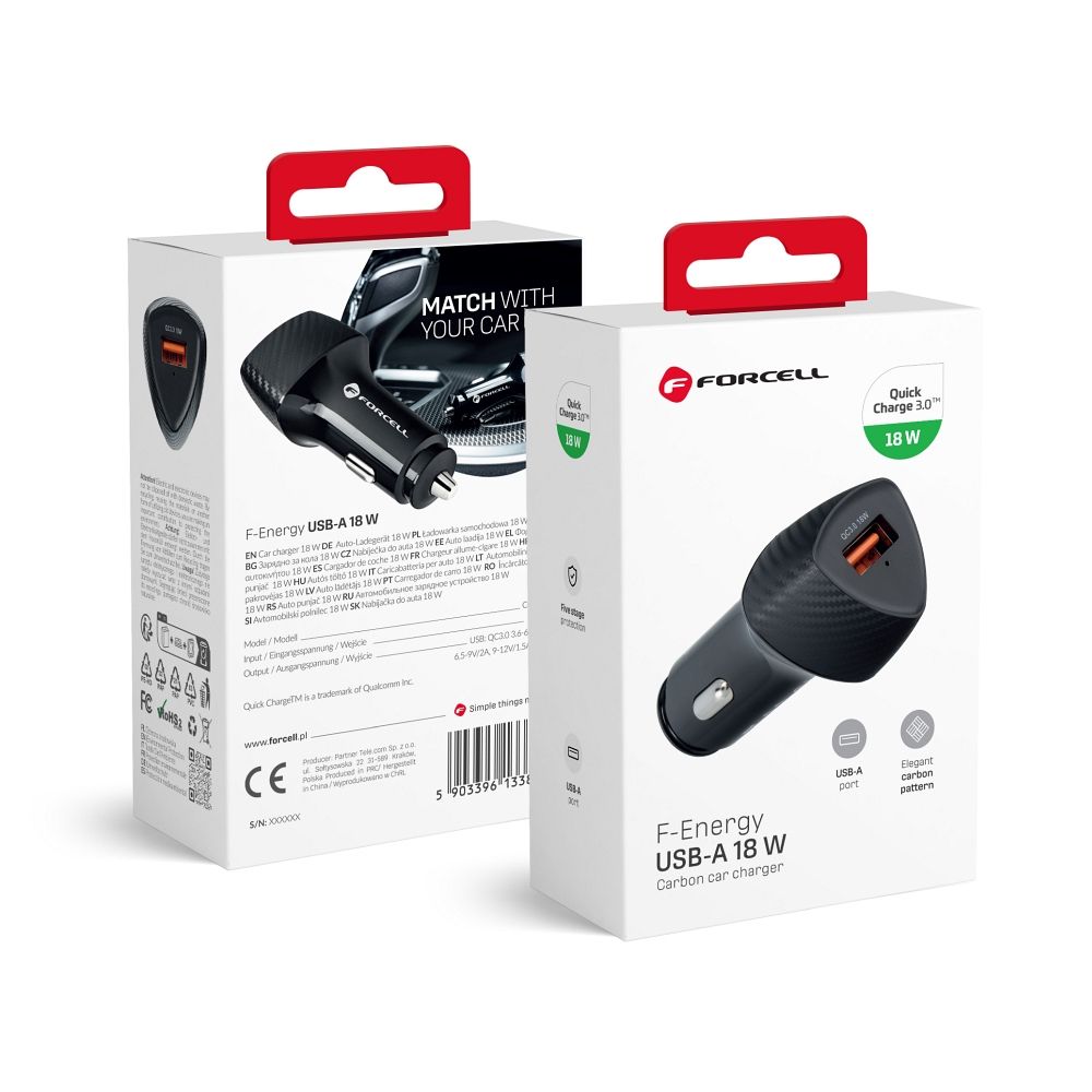 Forcell F-Energy Carbon autós töltő, USB-A, QC3.0, 3 A, 18 W, CC50-1A, fekete