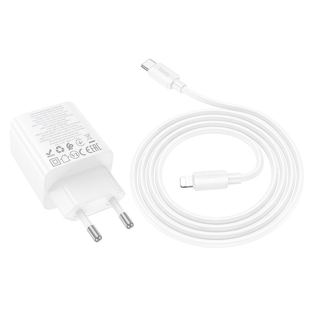Phone charger Hoco 2 x USB C + 2 x USB A QC3.0 PD 3A 20W + cable USB C to Lightning N55 white