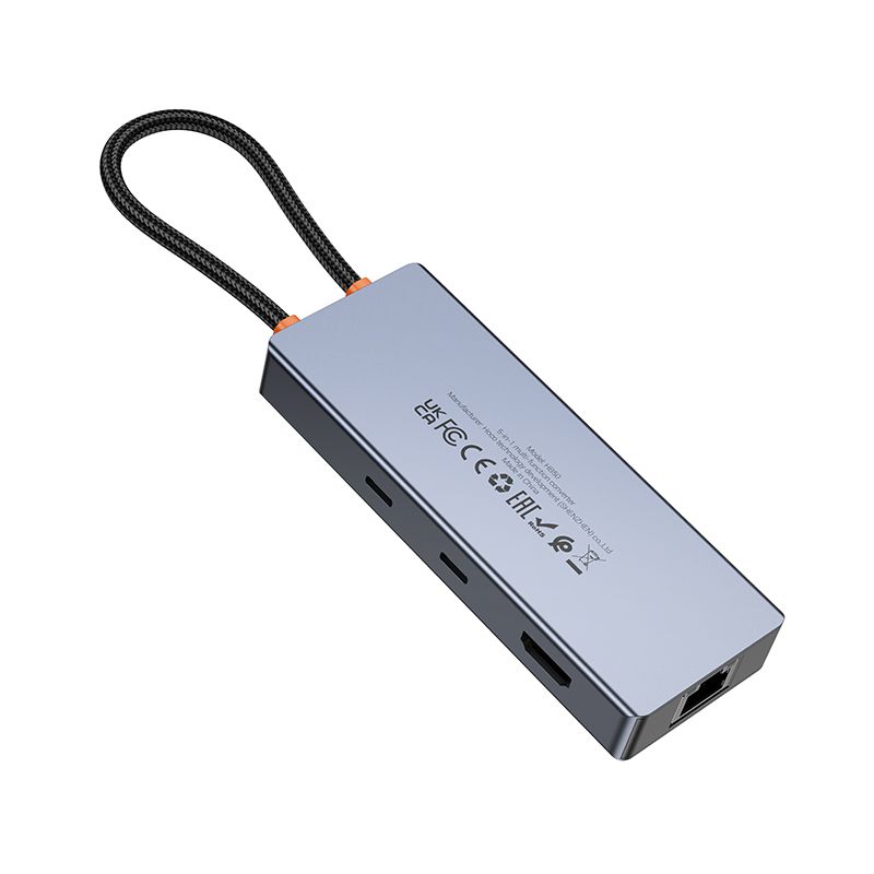 Adapter HUB 8w1 (HDTV+RJ45+SD/TF+PD+Type-C 3.0+USB 3.0 x 2) USB-C Hoco HB52 grey
