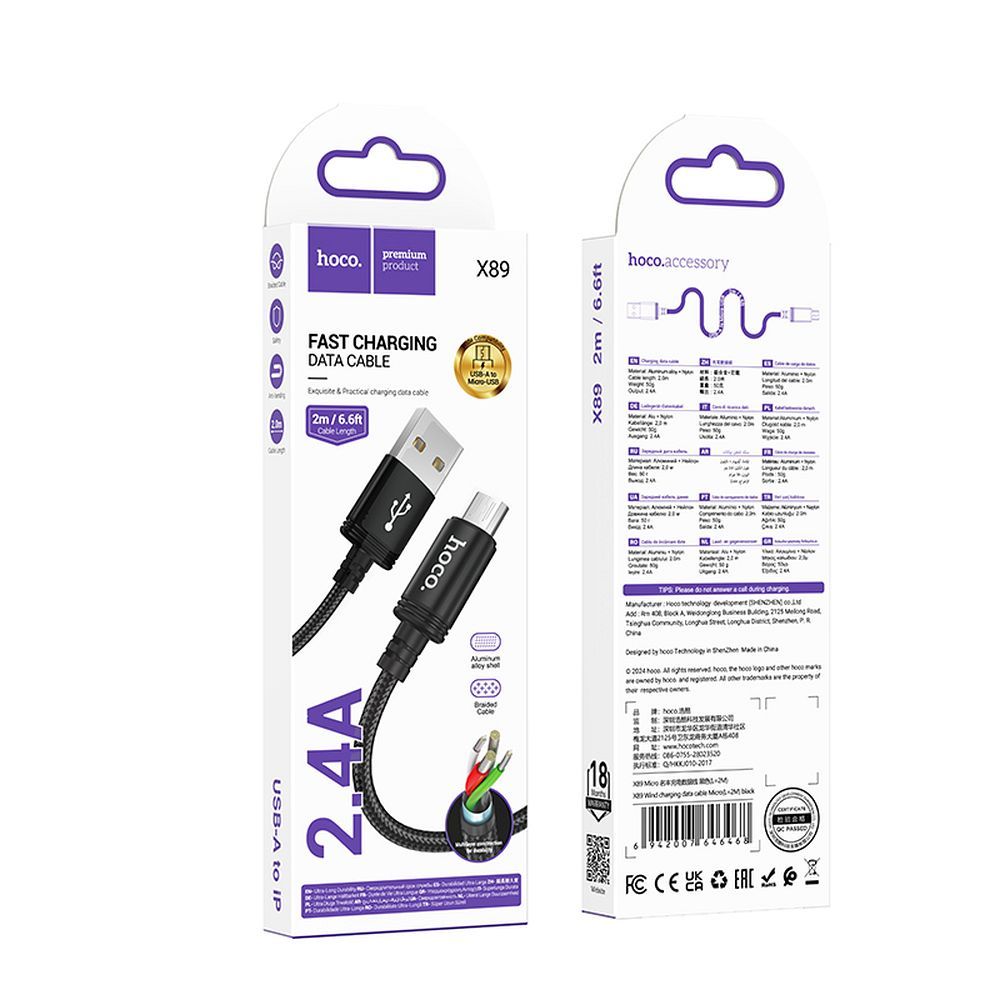 Kabel USB A do Micro USB Hoco 2,4A 2 m X89 czarny