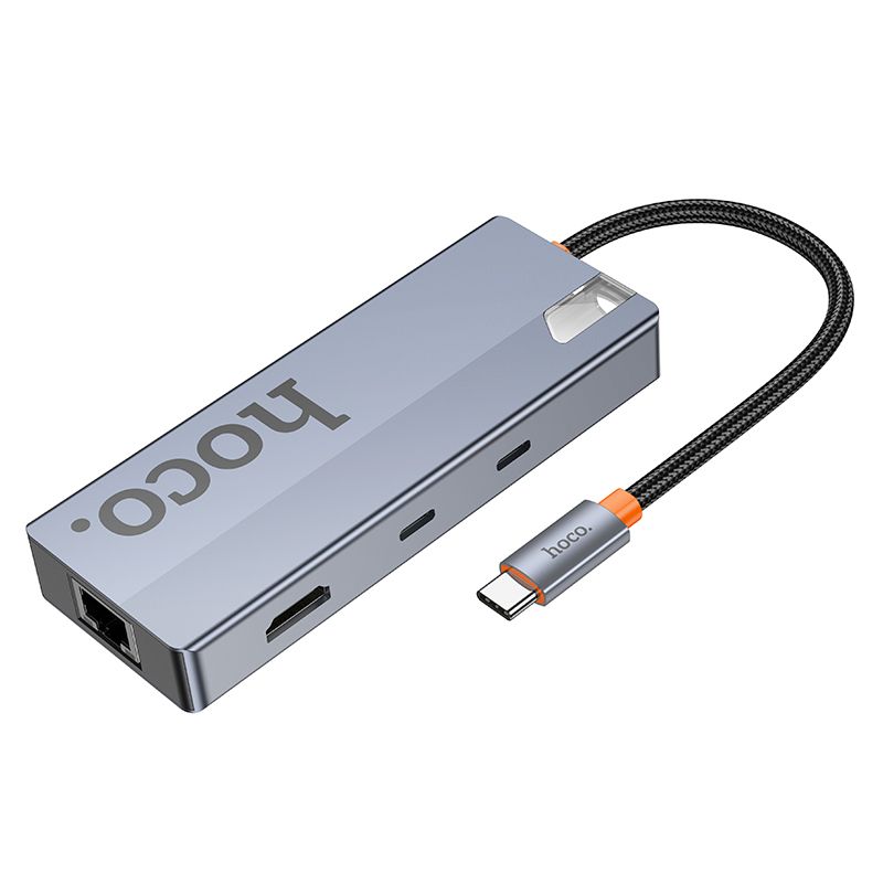 Adapter HUB 8w1 (HDTV+RJ45+SD/TF+PD+Type-C 3.0+USB 3.0 x 2) USB-C Hoco HB52 grey