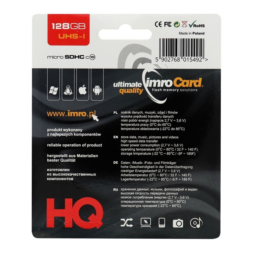 IMRO karta pamięci microSD 128GB 100MB/s class 10 UHS I z adapterem SD
