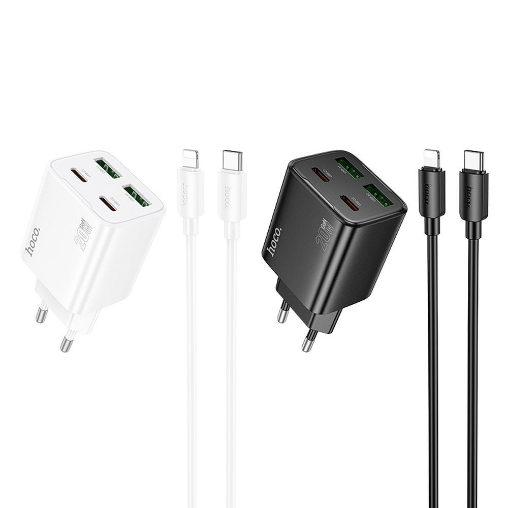 Phone charger Hoco 2 x USB C + 2 x USB A QC3.0 PD 3A 20W + cable USB C to Lightning N55 white