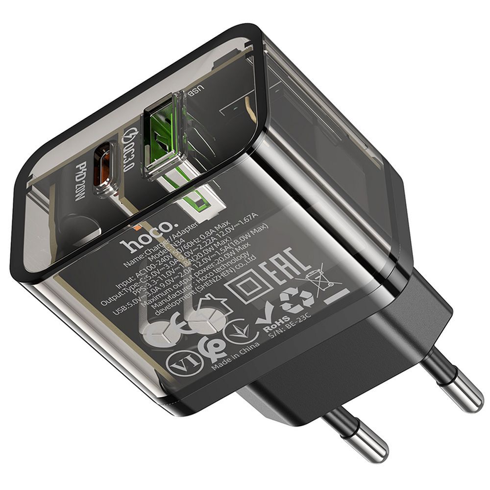 Hoco USB-A + USB-C QC3.0 PD 3A 20W N34 átlátszó telefon-töltő