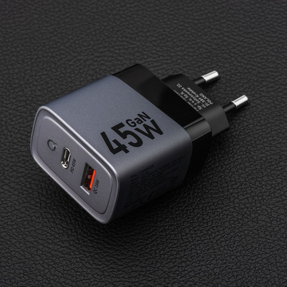 Forcell F-Energy GaN USB-C + USB-A QC4.0 PD 4A 45W VT-39 szürke telefon-töltő