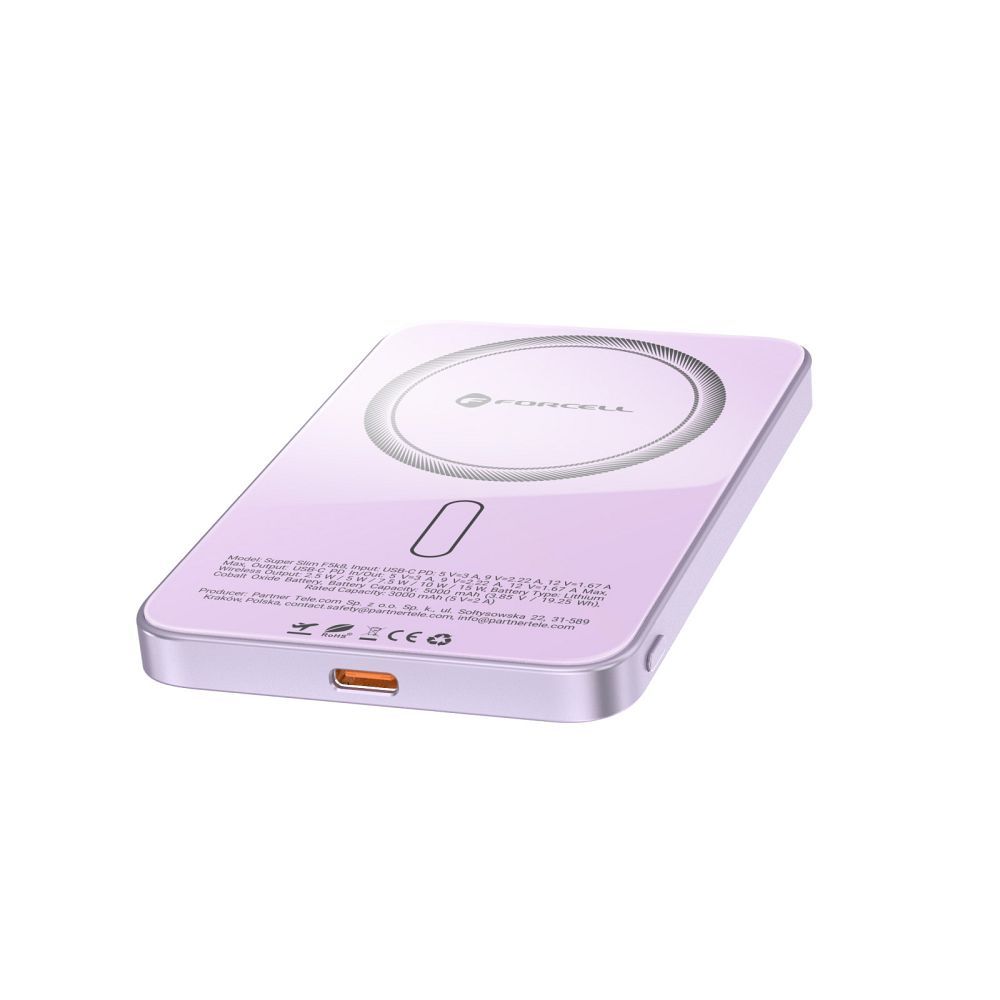 Powerbank compatible with MagSafe Forcell F-Energy SuperSlim F5K8 QC4.0 PD3.0 15W 5000 mAh purple