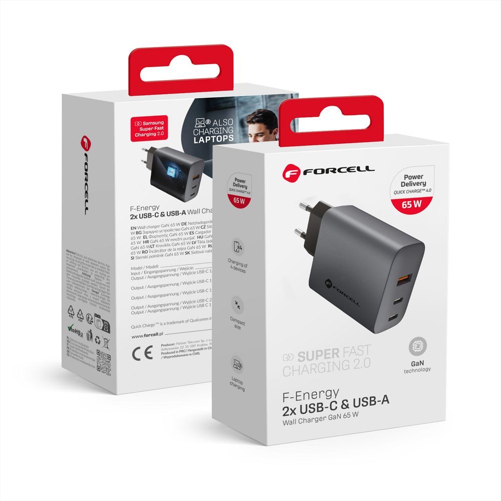 FORCELL F-ENERGY GaN VT-42B utazótöltő, 2 x Type-C + USB-A, PD, QC 4.0, 4 A, 65 W, szürke