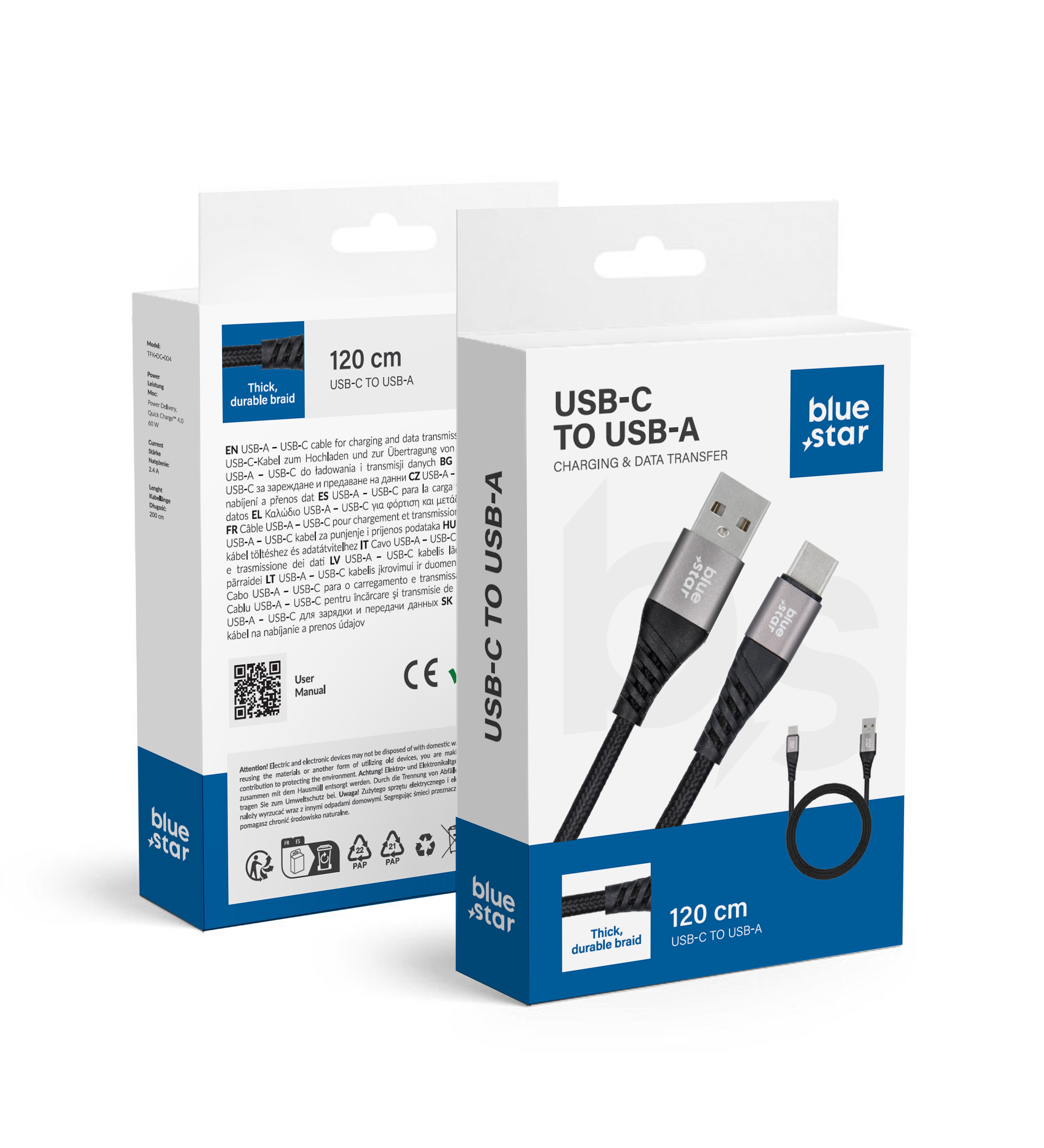Kábel USB A - USB C Blue Star 3A 20W PD QC4.0 fonott 1.2 m TFK-DC-003 fekete