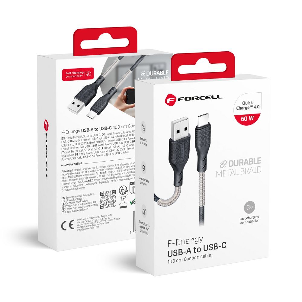 FORCELL F-ENERGY Carbon CB-02A cable USB A to Type C 2,4A 18W 1 m black