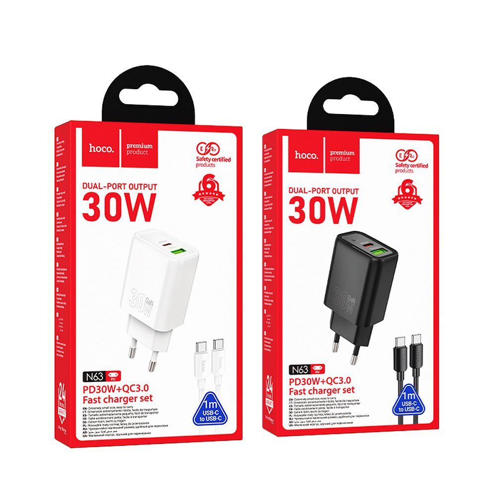 Phone charger Hoco USB A + USB C QC3.0 PD 3A 30W + cable USB C to USB C N63 black