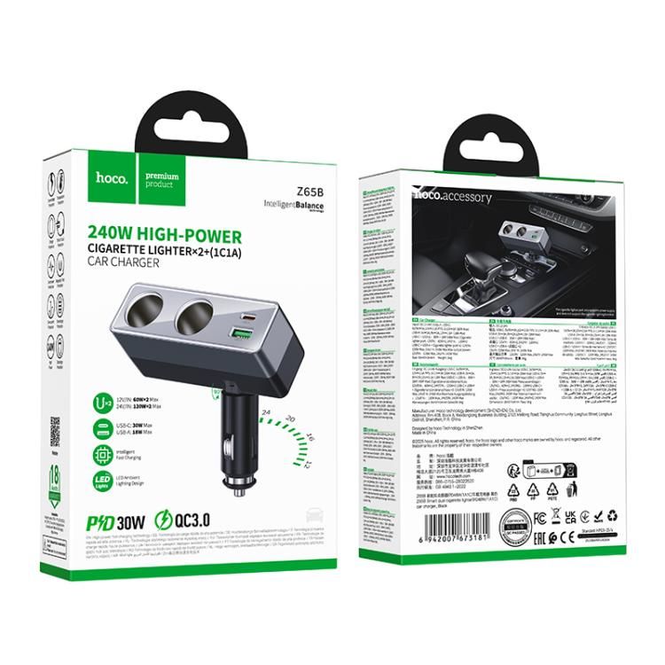Car charger Hoco 1xUSB A + 1xUSB C+2x cigarette lighter ports PD QC3.0 max 240W/24V Z65B black