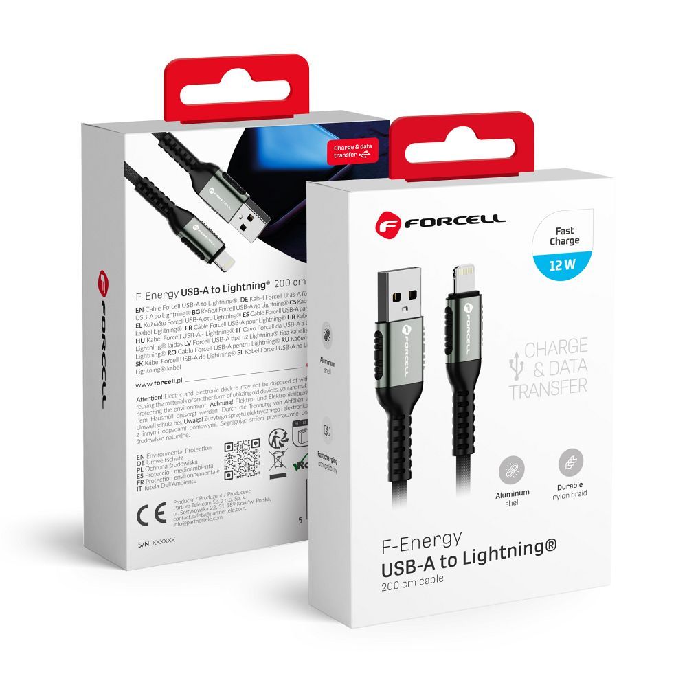 Forcell F-Energy Cafule kábel USB A - Lightning 2,4A 12W 2m C257 fekete