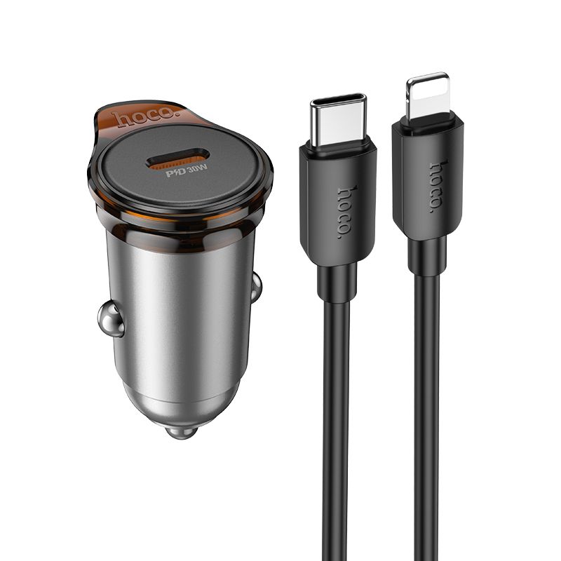 Car charger Hoco USB C QC PD 30W + cable USB C to Lightning NZ16 metal gray