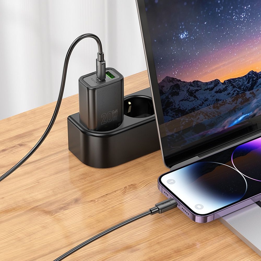 Phone charger Hoco USB A + USB C QC3.0 PD 3A 20W + cable USB C to Lightning N61 black