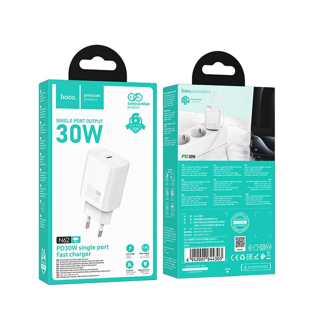 Hoco USB-C QC PD 30 W N62 fehér telefon-töltő