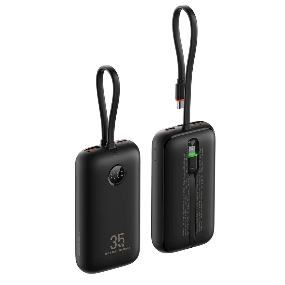 Powerbank Veger K1 (W1188) PD QC3.0 35W 10000 mAh with built-in Typ C cables / Lightning czarny