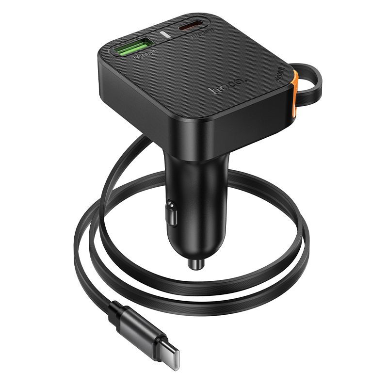 Car charger Hoco wit retractable cable 2 x USB C + USB A QC PD 65W NZ18 black