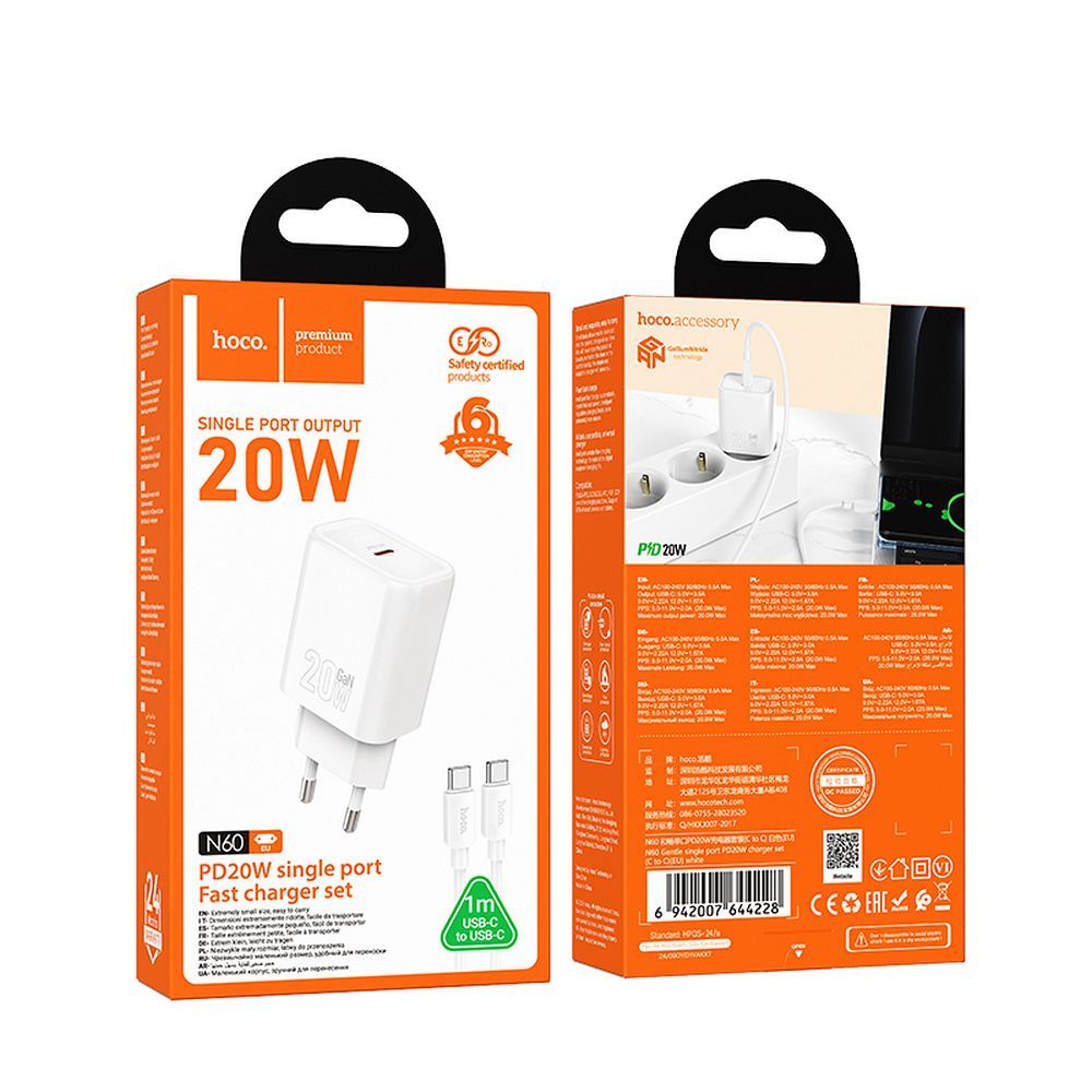 Hoco USB-C QC PD 20 W-os telefon-töltő + USB-C–Lightning kábel, N60, fehér