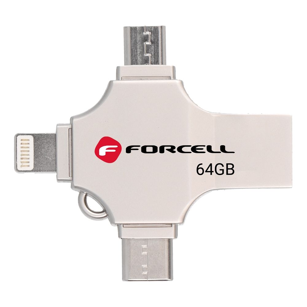 Pendrive 64GB USB 3.2 Gen 1 (USB A / USB C / Lightning / Micro USB) Forcell F-Data Metal Quad silver