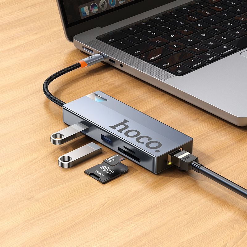Adapter HUB 8w1 (HDTV+RJ45+SD/TF+PD+Type-C 3.0+USB 3.0 x 2) USB-C Hoco HB52 grey