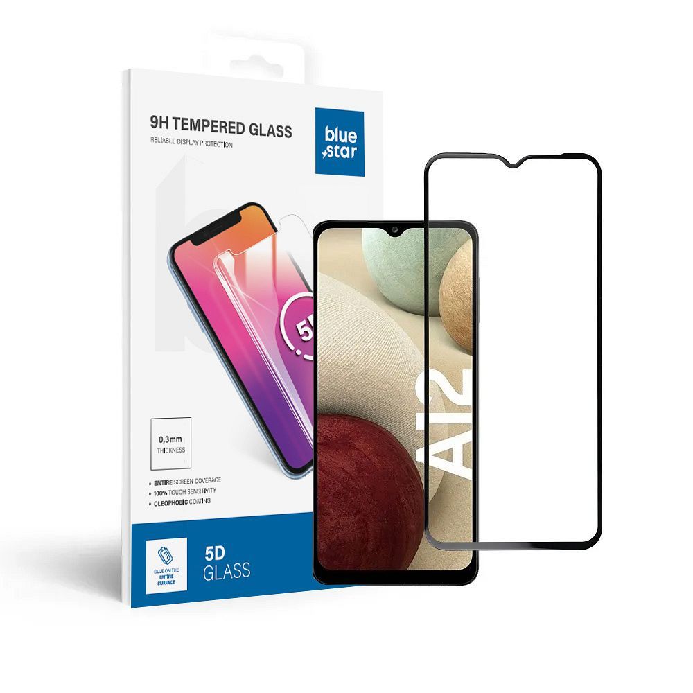 Tempered Glass Blue Star  - SAMSUNG A12 Full Face (full glue with frame/small size) - black Tempered Glass Blue Star