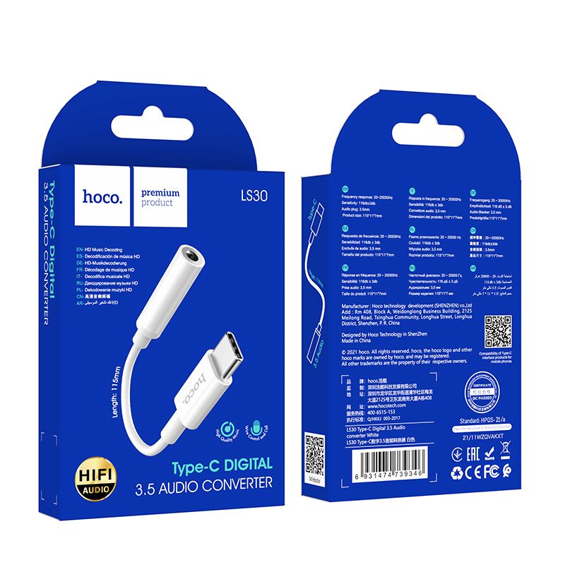 Adapter AUX USB C do Jack 3,5 mm Hoco LS30 biały