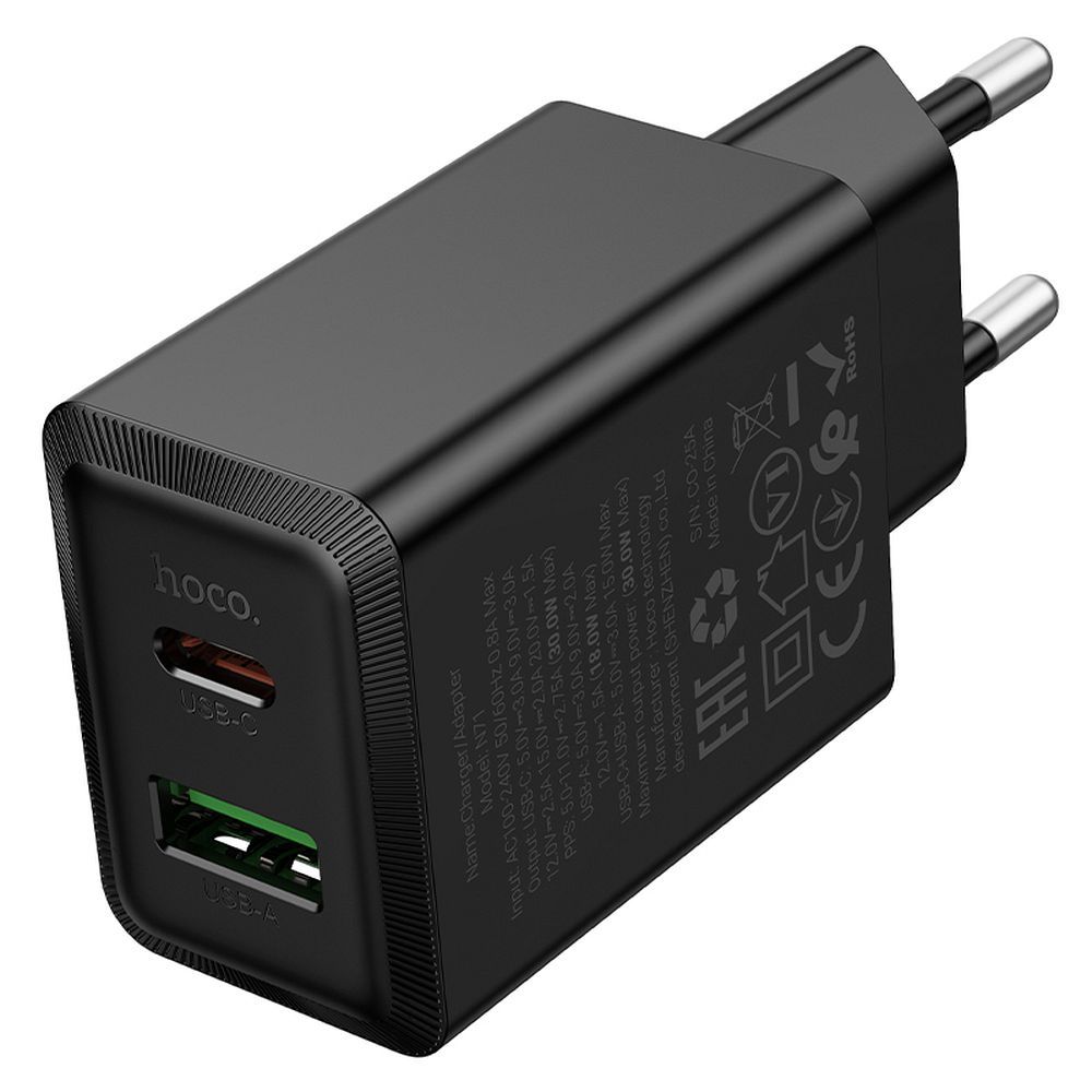 Phone charger Hoco USB A + USB C QC3.0 PD AFC 3A 30W N71 black