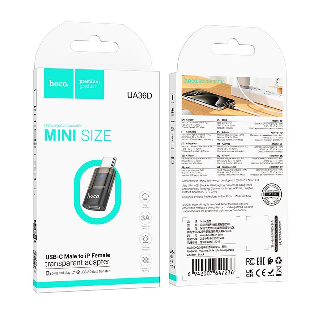 Adapter USB C do Lightning Hoco UA36D transparentny czarny