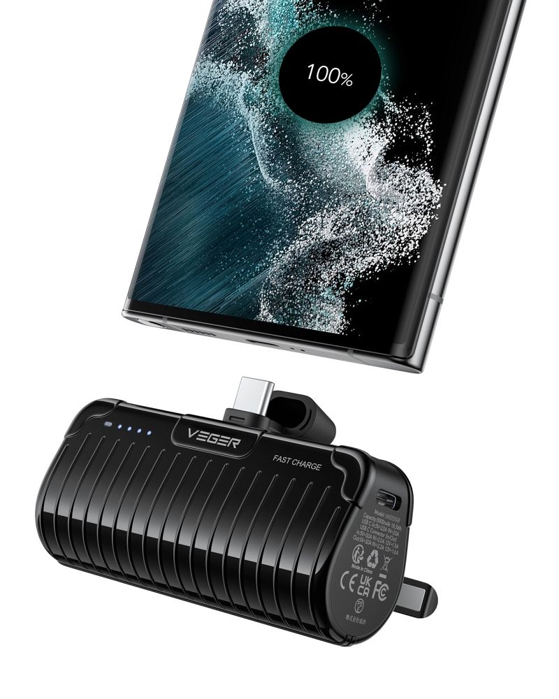 Powerbank Veger PlugOn (W0558) PD QC3.0 3A 20W 5000 mAh with a built-in connector Type C czarny