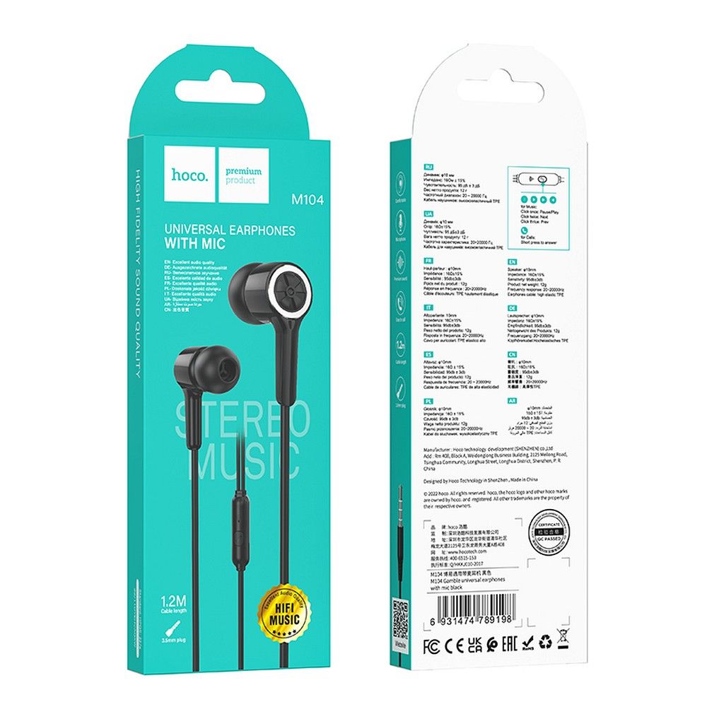 HOCO wire earphones Jack 3,5 mm with microphone M104 black