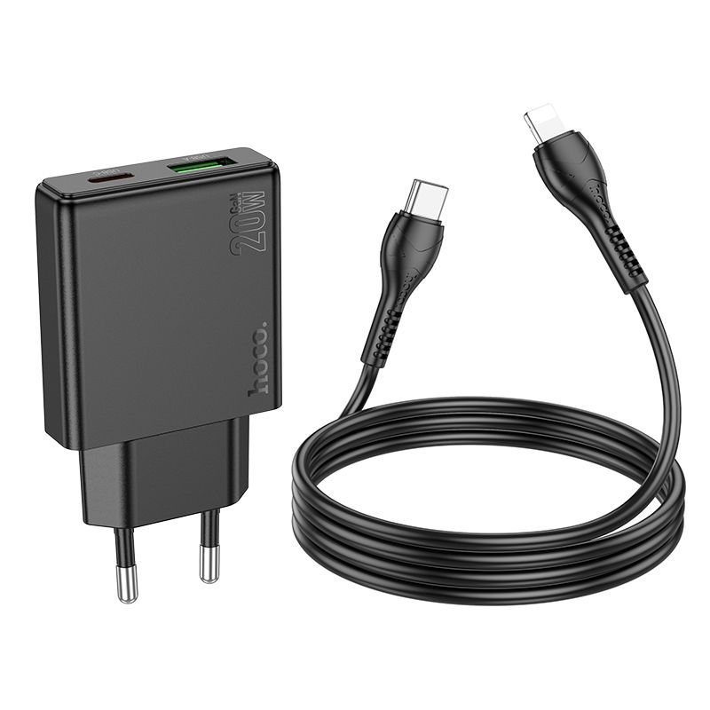 Phone charger Hoco Slim USB A + USB C QC3.0 PD 3A 20W + cable USB C to Lightning N38 black