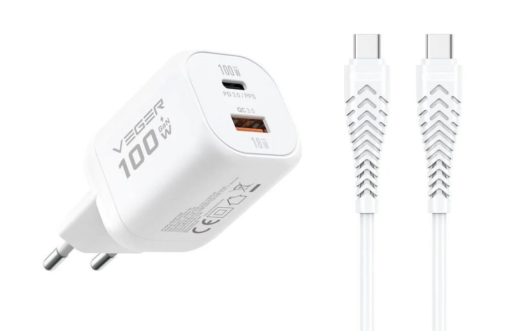 Phone charger VEGER USB A + Type C PD Super Charge PPS 100W + data cable Type C to C 240W TR150 white