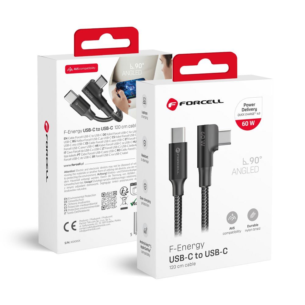 Forcell F-Energy Cafule kábel USB C - USB C QC4.0 PD 3A 60W 90° 1,2m CC-1Deg fekete