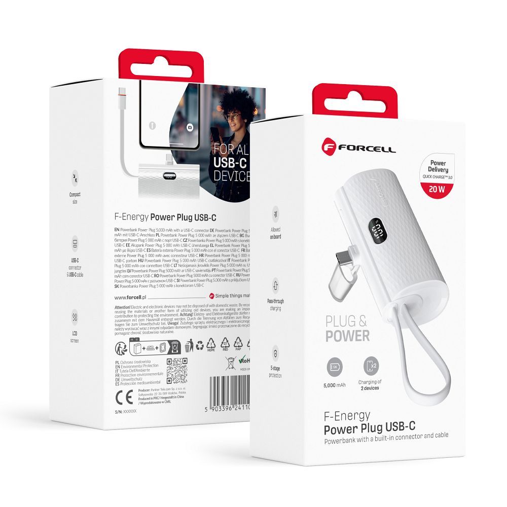 Forcell F-Energy Power Plug F5K3 PD 20 W 5000 mAh hordozható akkumulátor beépített USB-C csatlakozóval, fehér