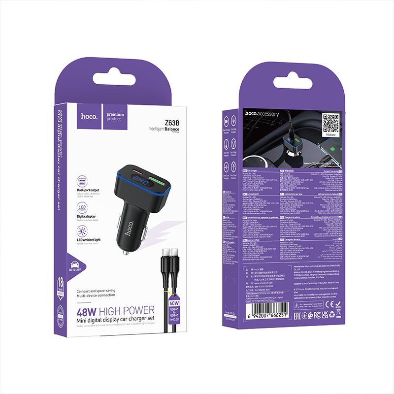 Car charger Hoco USB A + USB C PD QC3.0 48W + cable USB C to C Z63B black