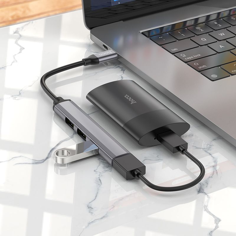 Adapter HUB 4w1 (USB 3.0+USB 2.0 x 3) USB-A Hoco HB26 szary
