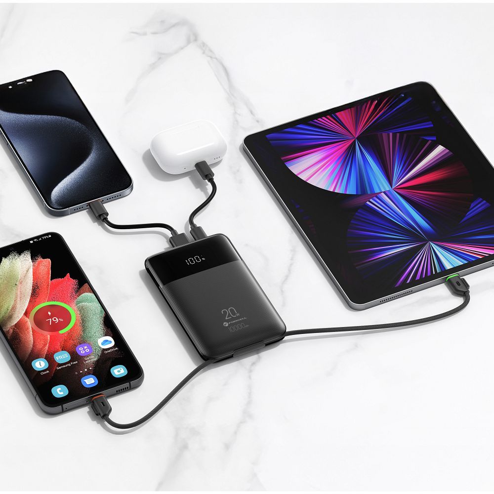 FORCELL F-ENERGY F10K6 Multicharge powerbank with built-in cables Type C and Lightning PD QC3.0 3A 22,5W 10000 mAh black