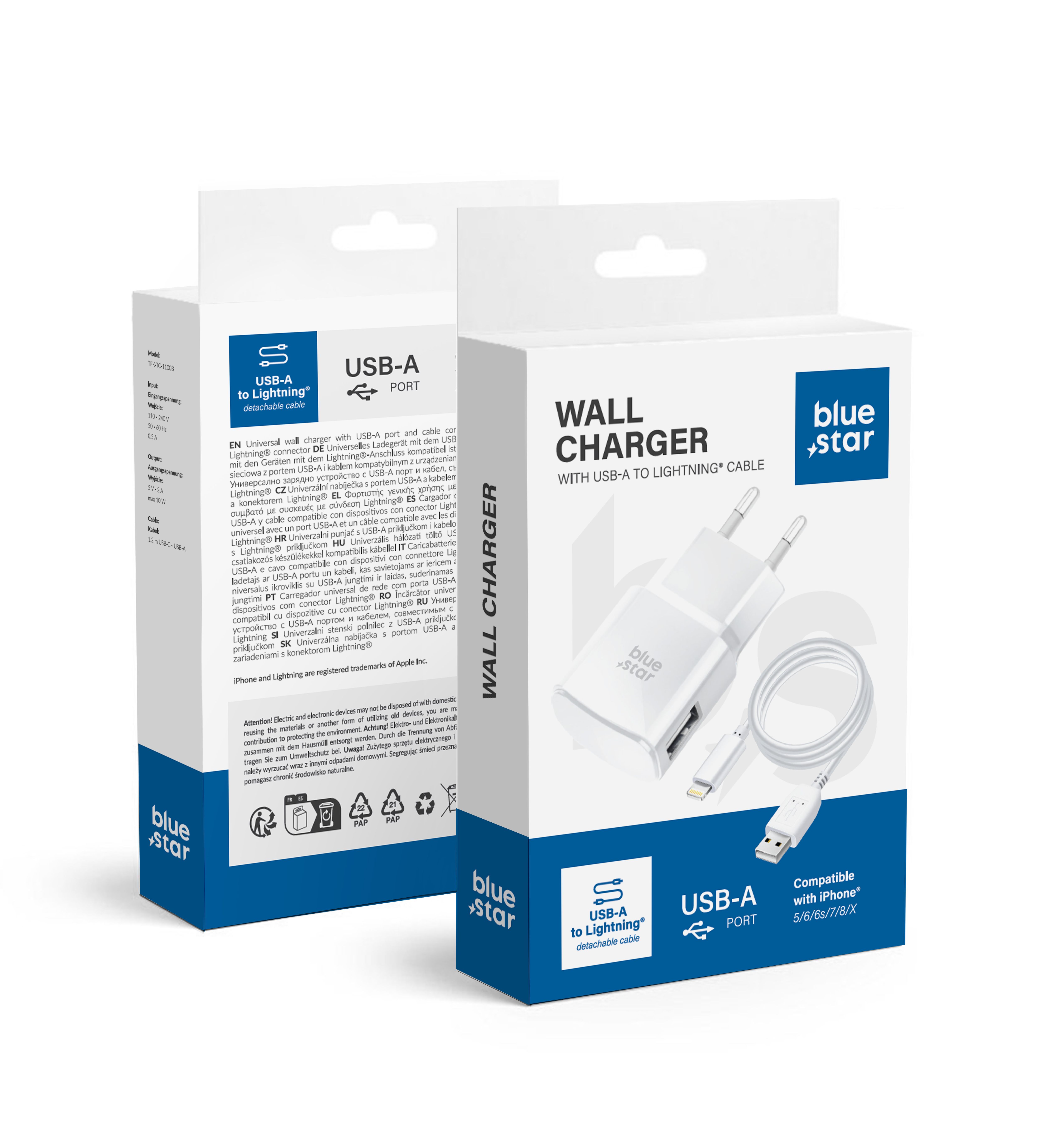 BLUE STAR utazó töltő 1 A, 5 W, USB-A + USB-A–Lightning kábel, TFK-TC-1100B, fehér