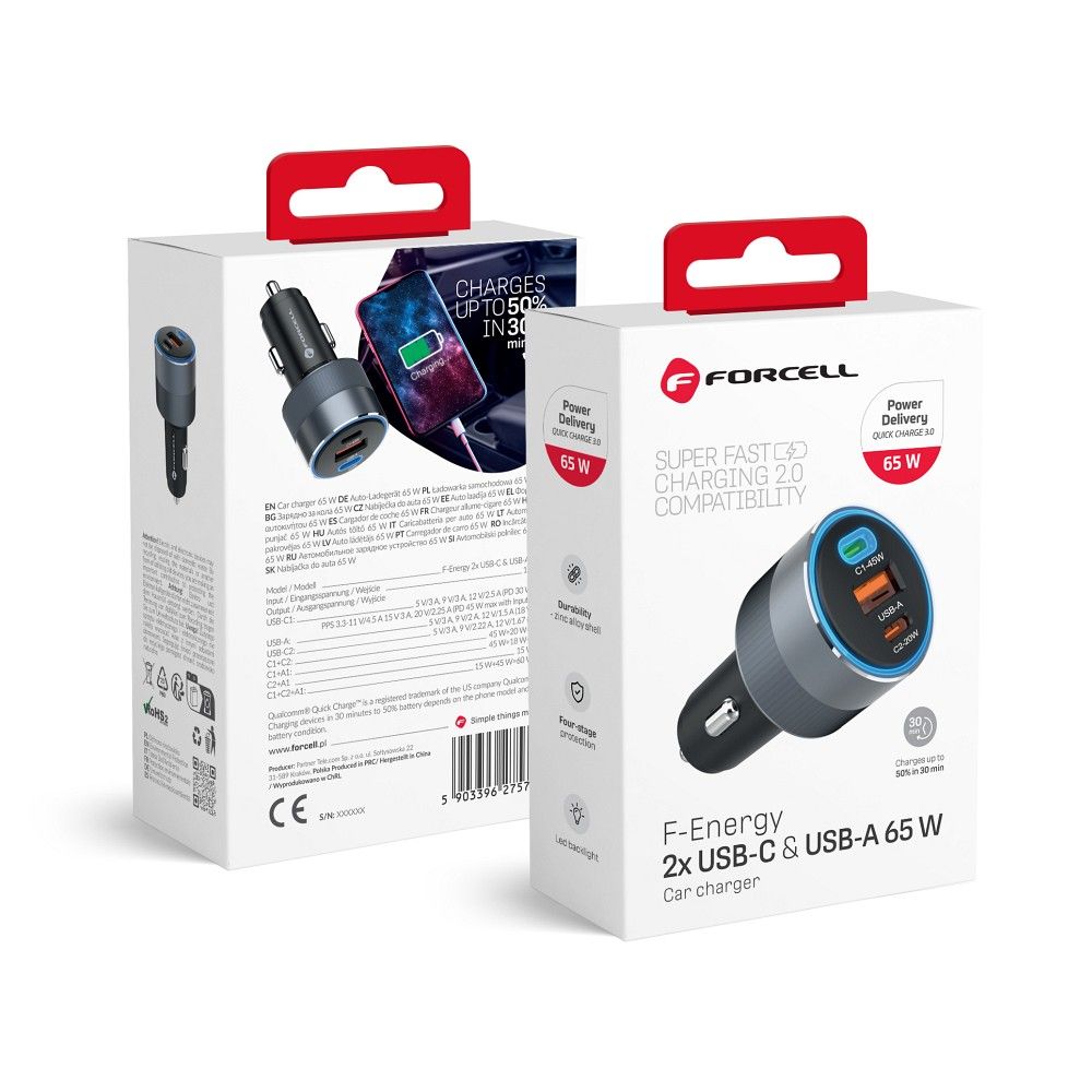 FORCELL F-ENERGY alumínium autós töltő, 2 x Type-C + USB-A, PD, QC 4.0, SFC 2.0, 4,5 A, 65 W, szürke