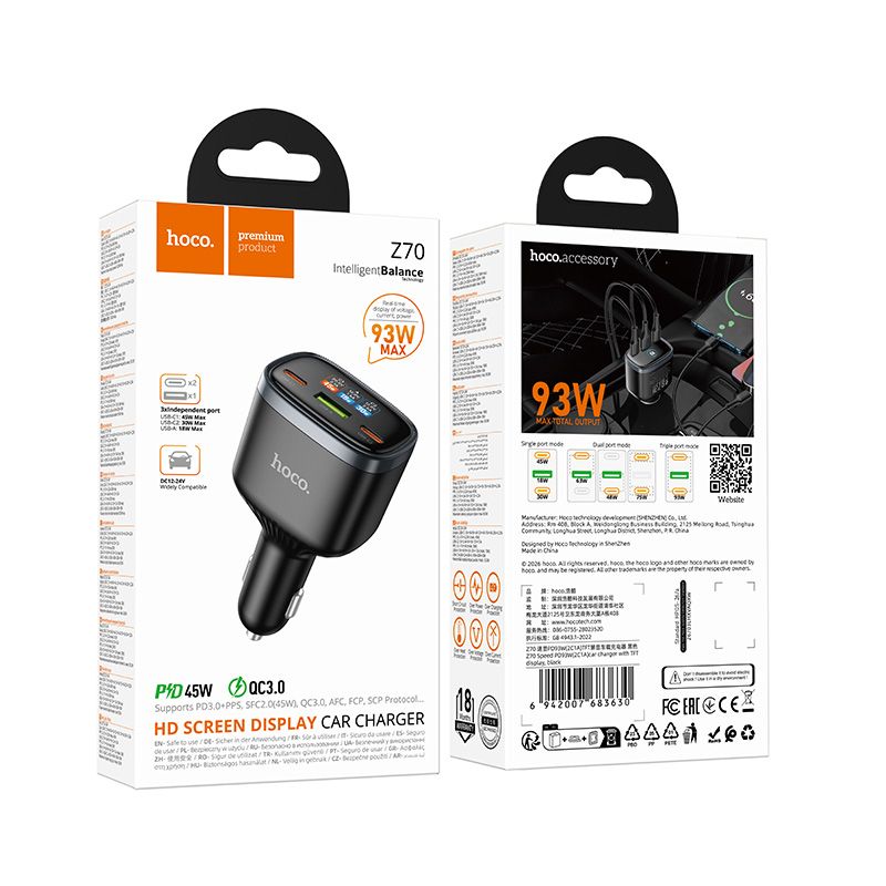 Car charger Hoco USB A + 2xUSB C PD QC3.0 93W Z70 black