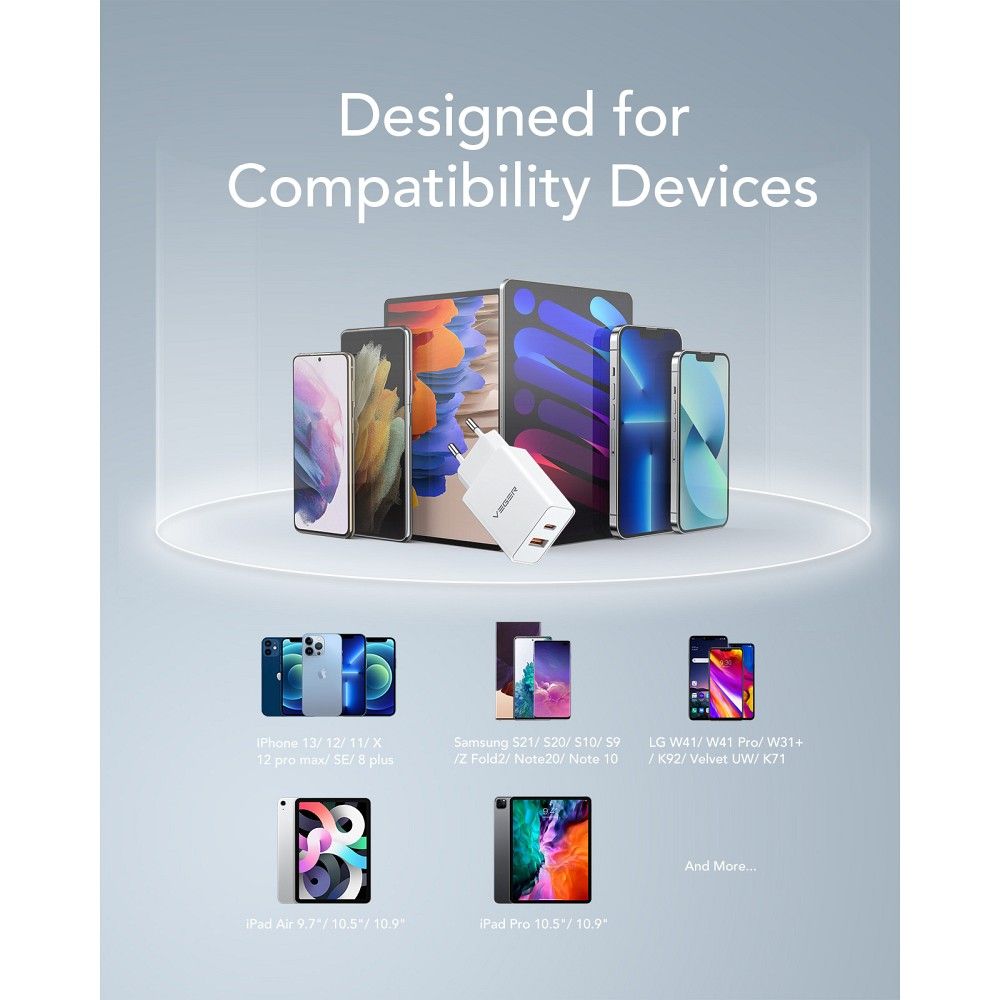 VEGER ładowarka sieciowa USB A + Typ C PD QC3.0 3A 30W VLS302U biała