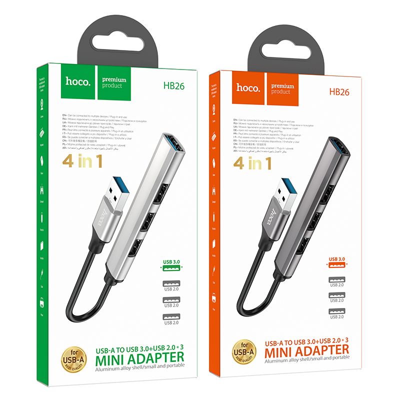 Adapter HUB 4in1 (USB 3.0+USB 2.0 x 3) USB-A Hoco HB26 szary
