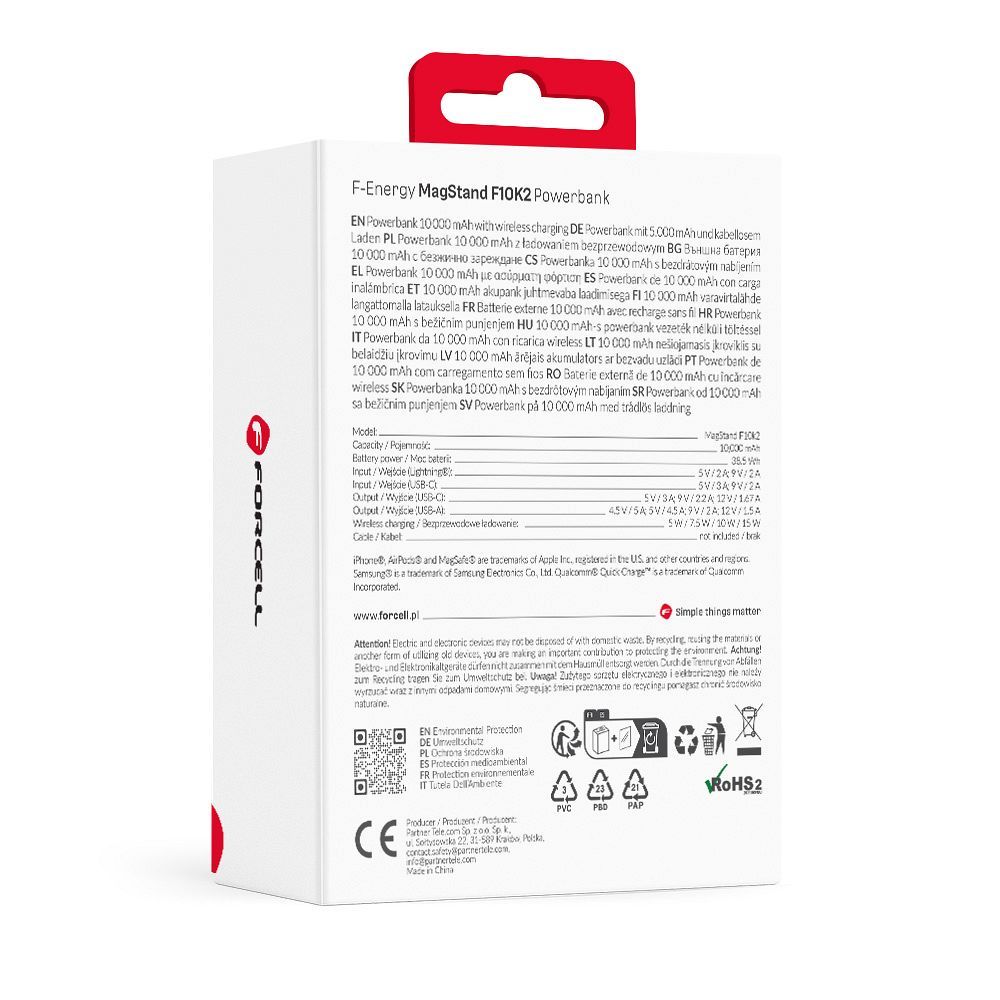 MagSafe-kompatibilis powerbank: Forcell F-Energy MagStand F10K2 QC3.0 PD 5A 20W 10000 mAh, fekete