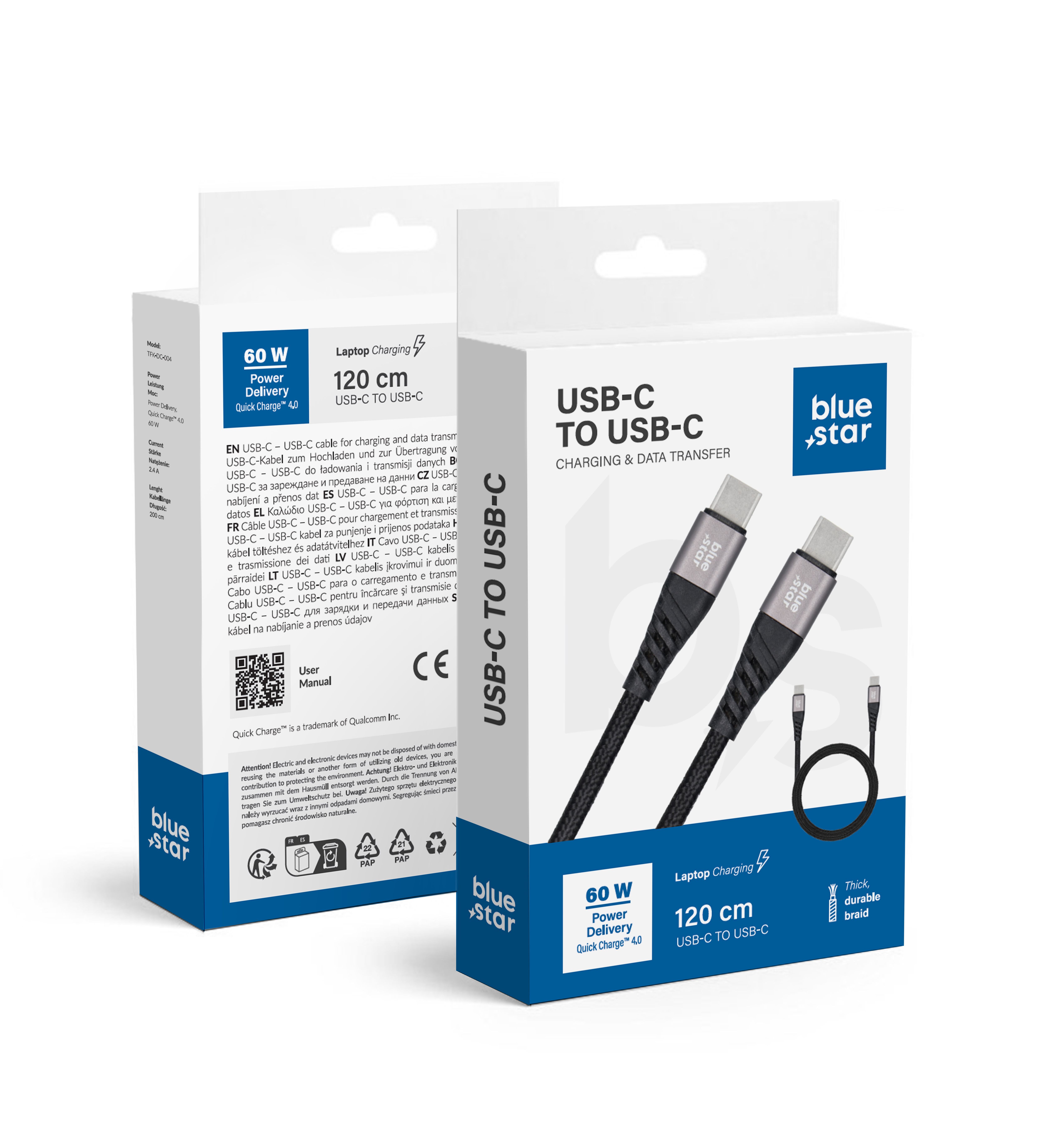 Kábel USB C - USB C Blue Star 3A 60W PD QC4.0 fonott 1.2 m TFK-DC-003 fekete