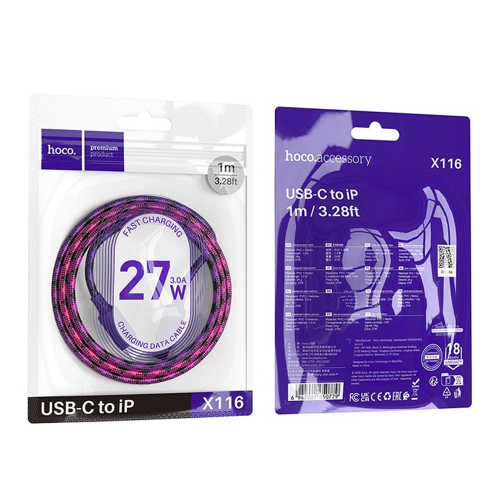 Kabel USB C do Lightning Hoco PD 27W 1 m X116 gradient czerwony