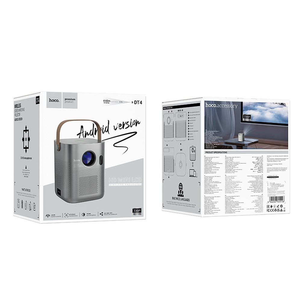 Projektor HD Ready Hoco z systemem Android Wi-Fi Bluetooth 720P DT4 szary