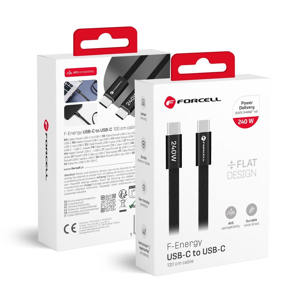 Kabel USB C - USB C Forcell F-Energy QC4.0 PD 5A 240W Cafule Flat 1.2 m CCFN23 fekete