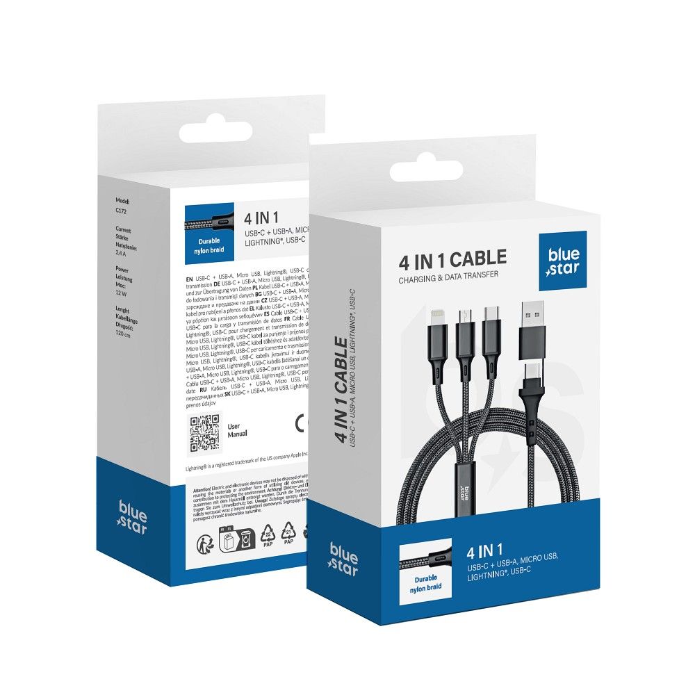 Kábel 4in1 USB C / USB A - Micro USB / Lightning / USB C Blue Star 2.4A 12W Cafule 1.2 m C172 fekete